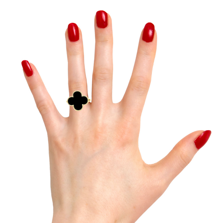 14K Four Leaf Onyx Ring