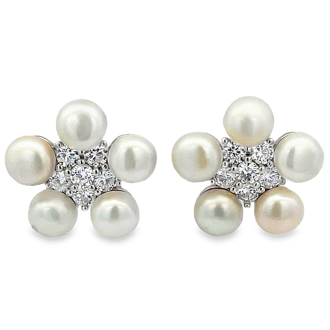 Freshwater Pearl Flower Studs With Cubic Zirconia No