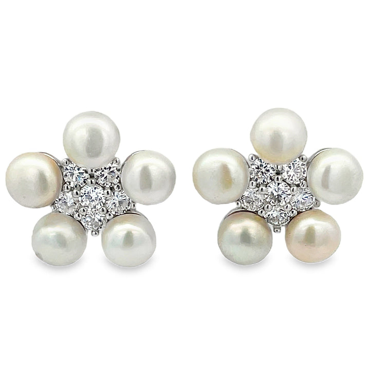 Freshwater Pearl Flower Studs With Cubic Zirconia No