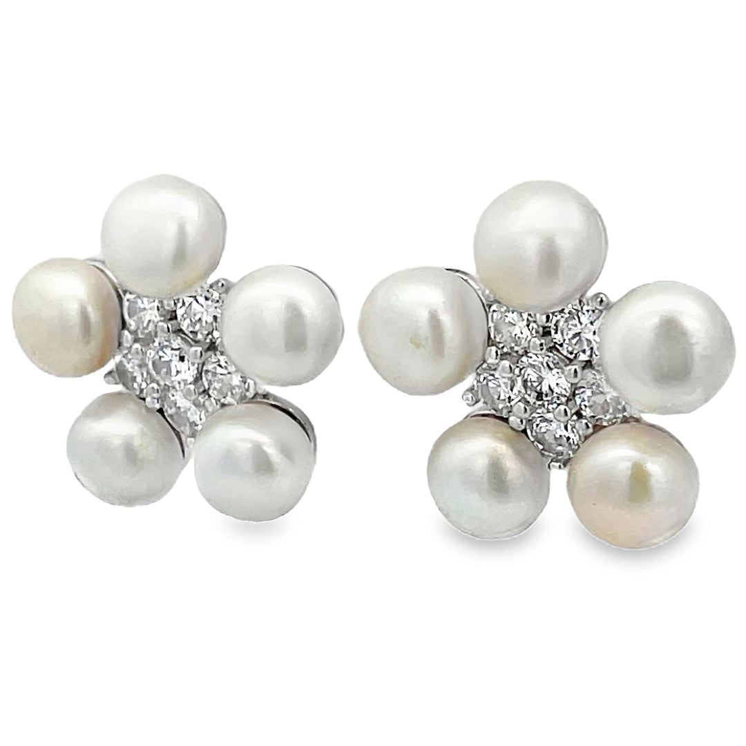 Freshwater Pearl Flower Studs With Cubic Zirconia No