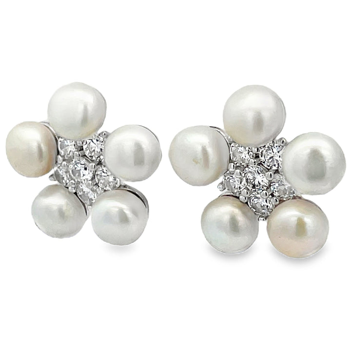Freshwater Pearl Flower Studs With Cubic Zirconia No