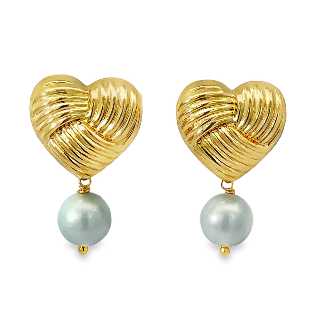 Striped Heart & Pearl Drop Earrings