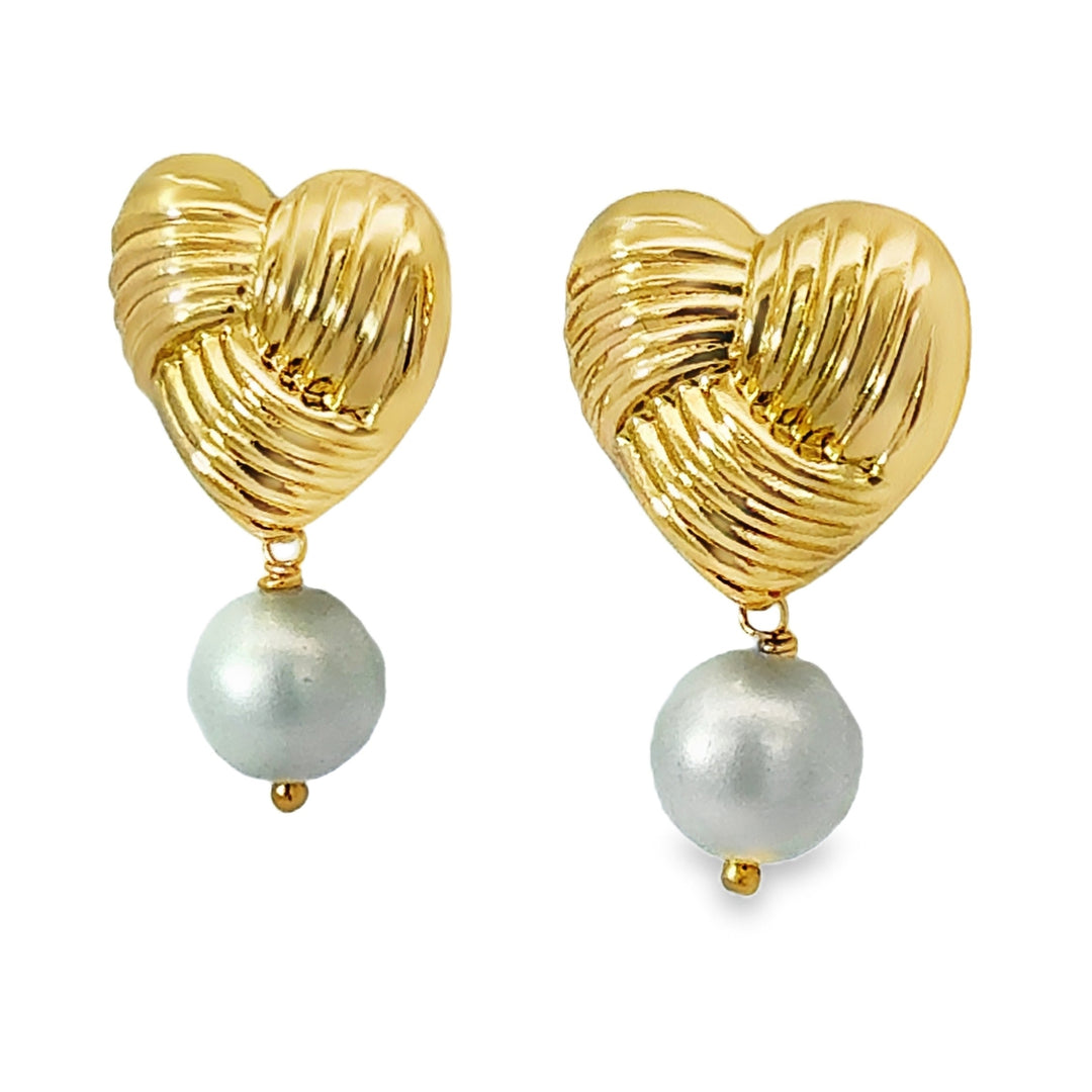 Striped Heart & Pearl Drop Earrings