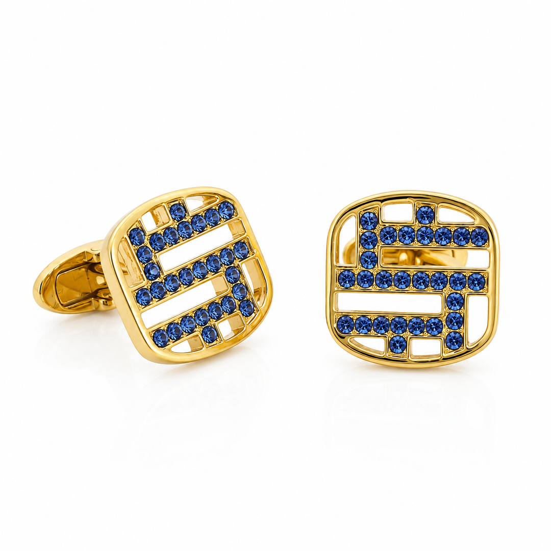 Sapphire Swarovski Labyrinth Cufflinks 14K Yellow Gold Plated