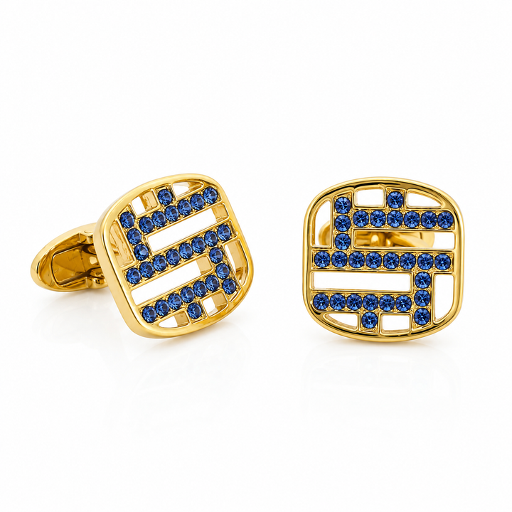 Sapphire Swarovski Labyrinth Cufflinks 14K Yellow Gold Plated
