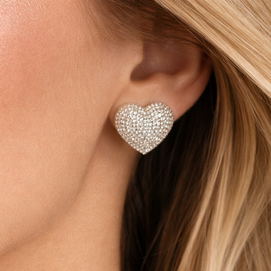 Silver Pave Heart Shaped Studs