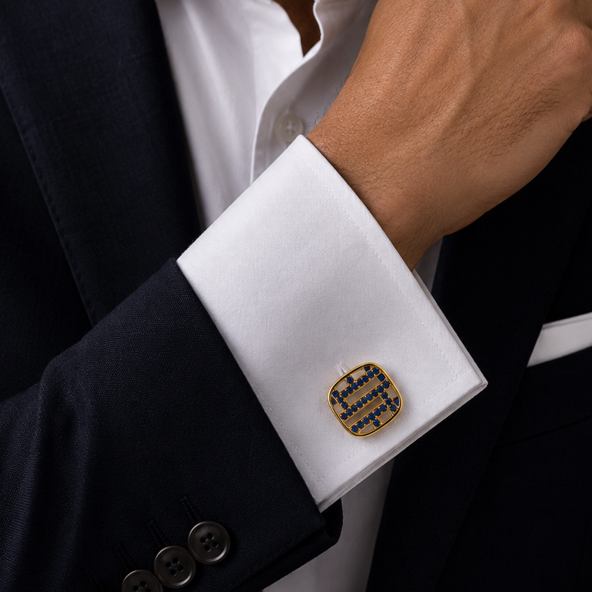 Sapphire Swarovski Labyrinth Cufflinks 14K Yellow Gold Plated