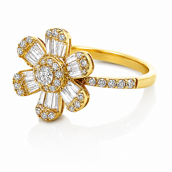 14K Gold Diamond Baguette Flower Ring