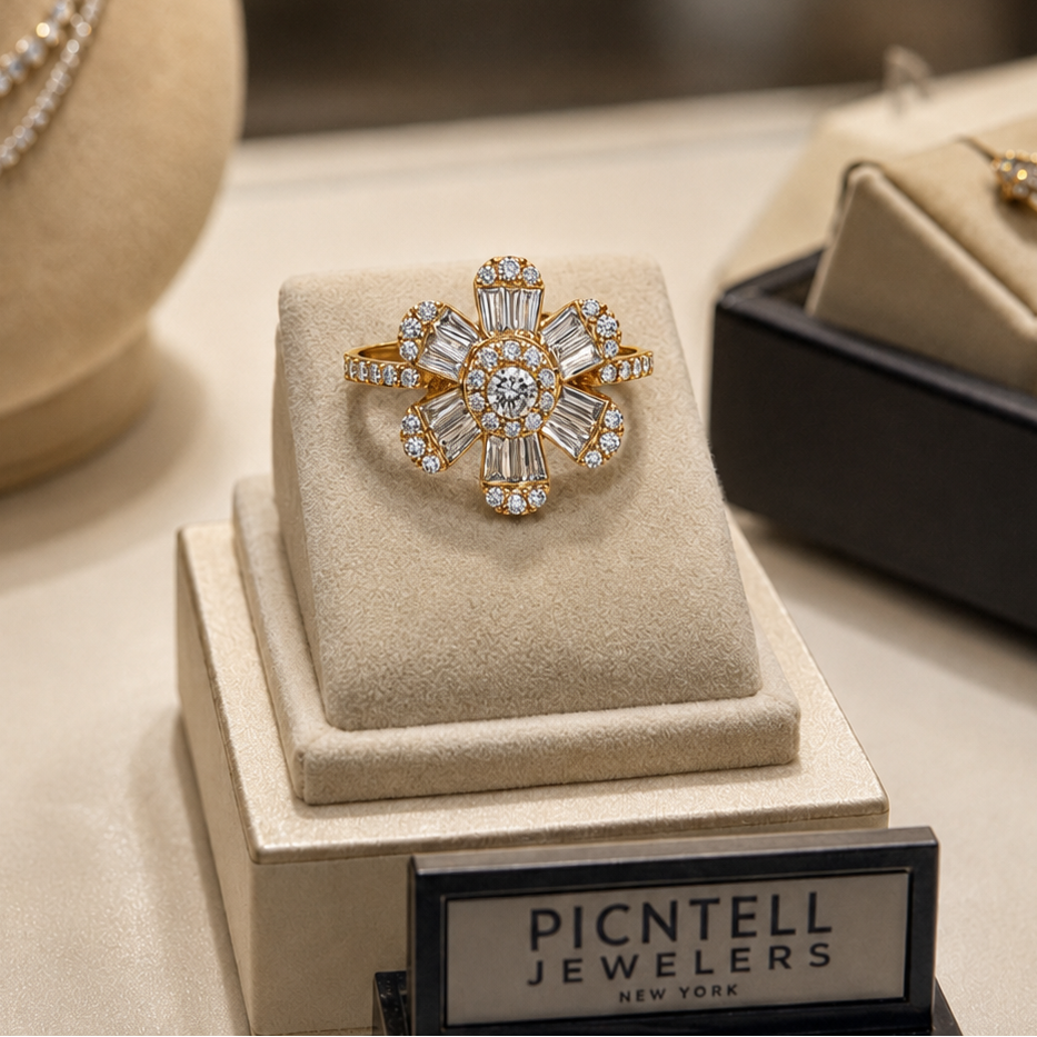 14K Gold Diamond Baguette Flower Ring