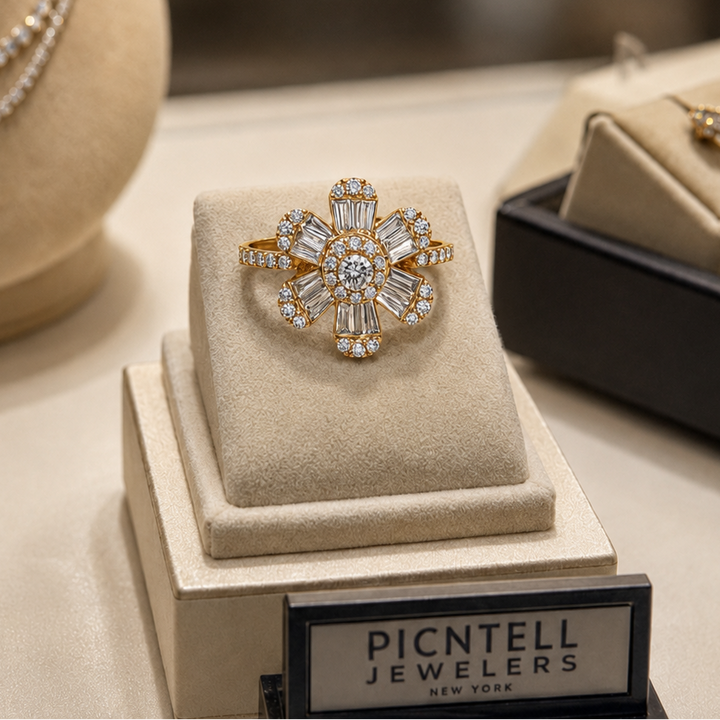 14K Gold Diamond Baguette Flower Ring