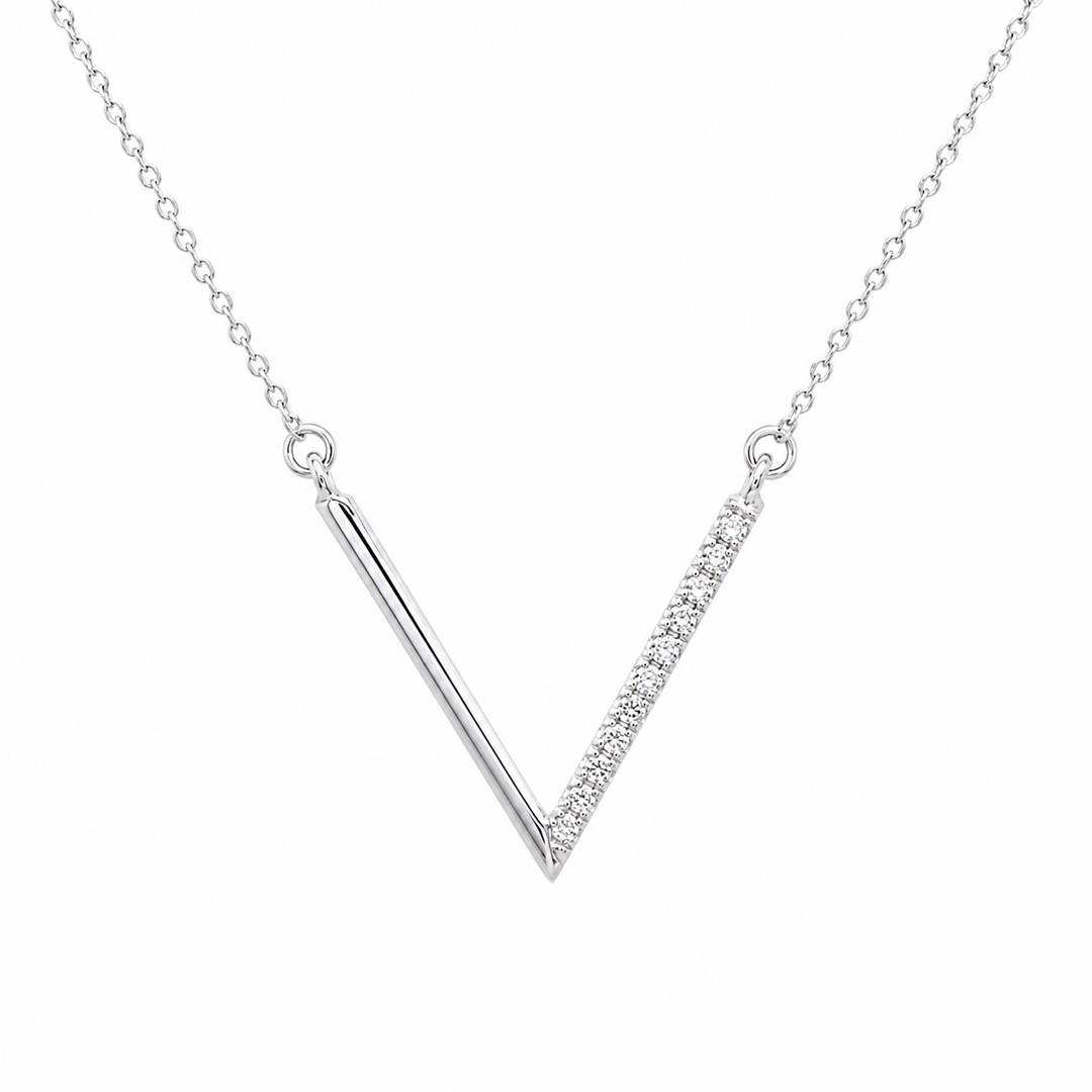 14K White Gold Diamond V Necklace