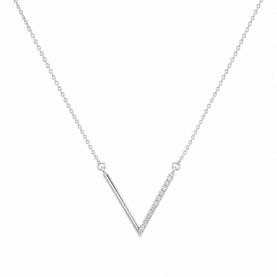 14K White Gold Diamond V Necklace
