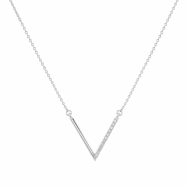14K White Gold Diamond V Necklace