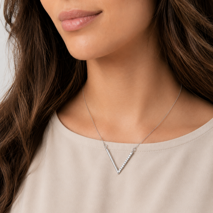 14K White Gold Diamond V Necklace