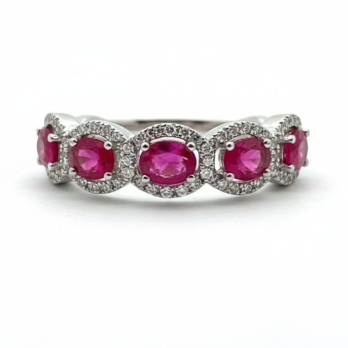 14K White Gold Sapphire Ruby and Diamond Band Ring