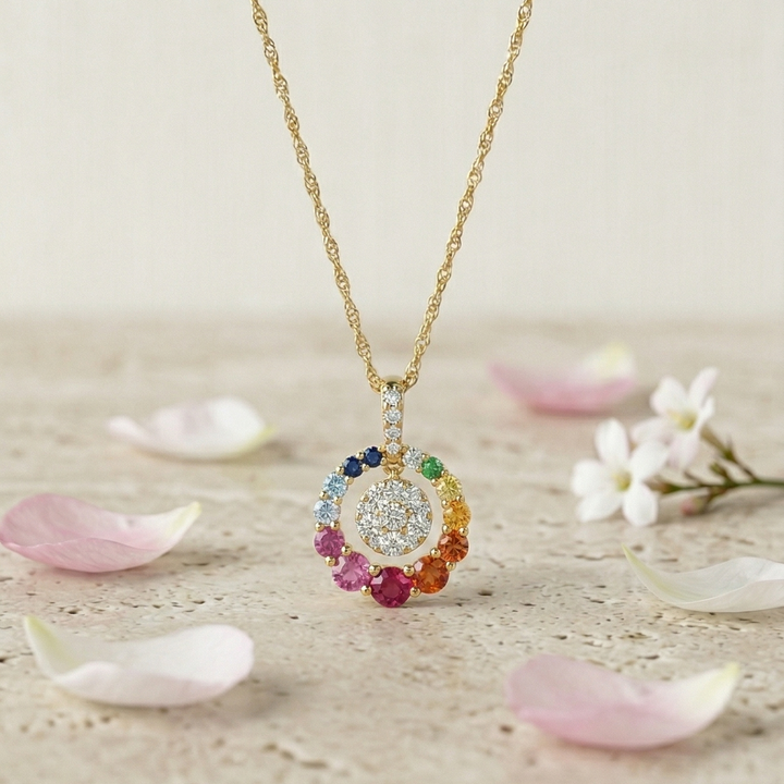 Rainbow & Diamond Circle Pendant