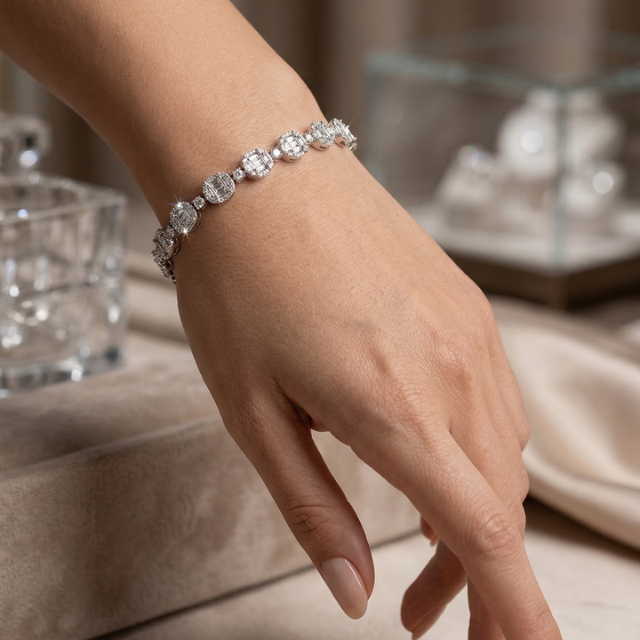 14K Diamond Baguette & Round Stone Tennis Bracelet