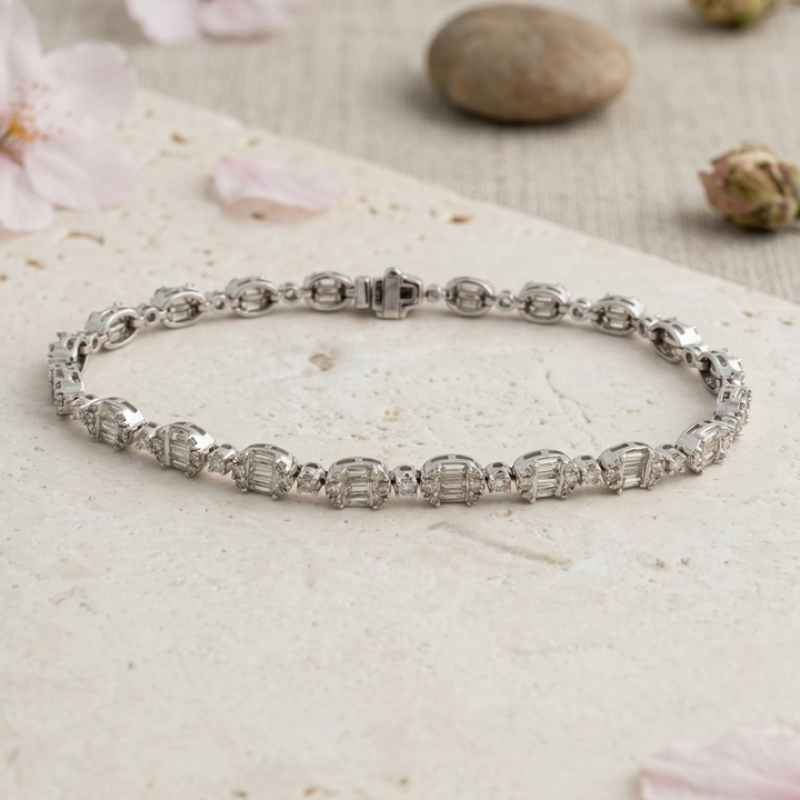 14K Diamond Baguette & Round Stone Tennis Bracelet