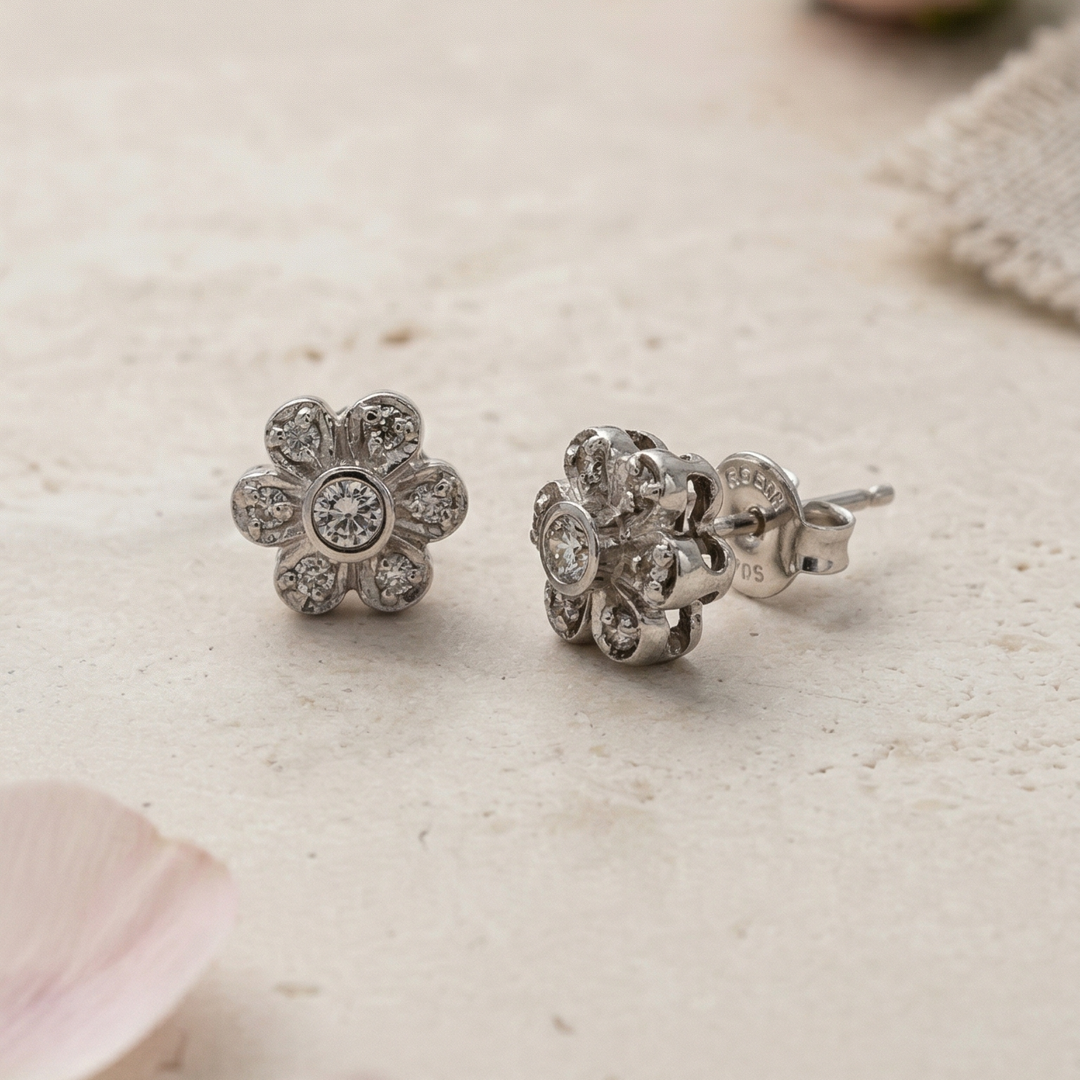 14K Floral Diamond Cluster Studs