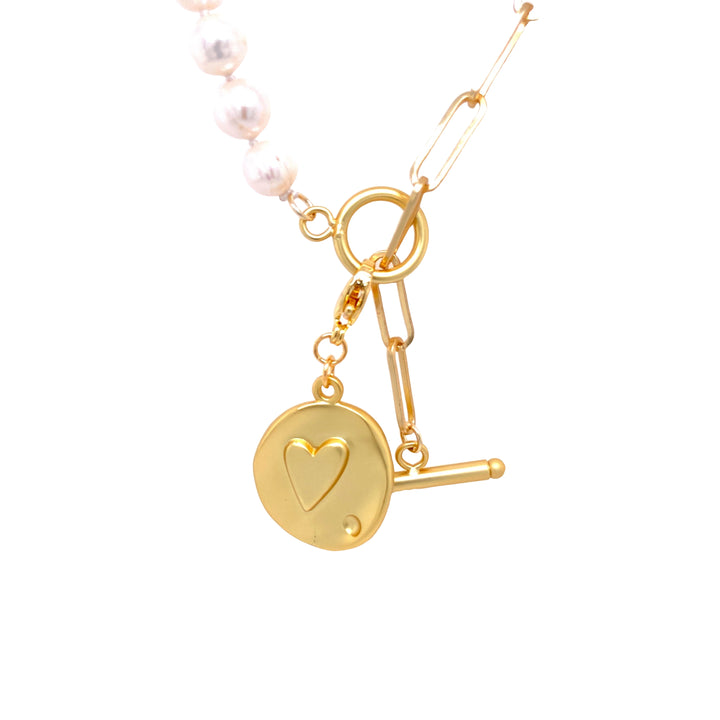 Pearl & Matte Link Toggle Necklace With Detachable Charm