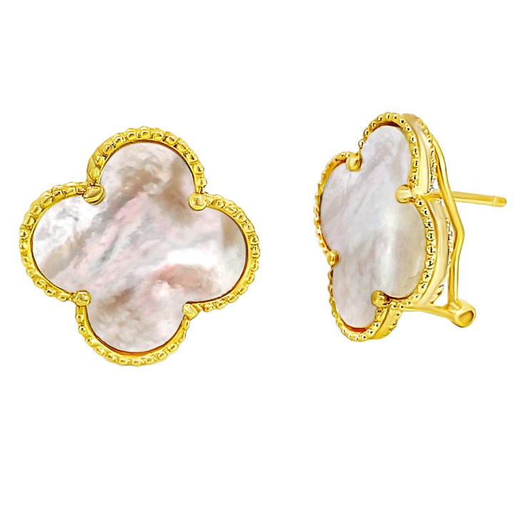 Mother Of Pearl Large Clover Studs in Gold