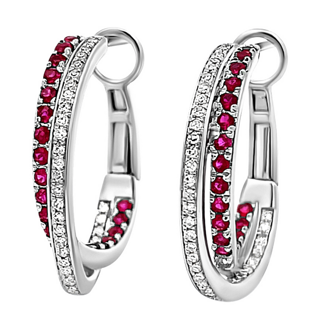 14K White Gold Ruby and Diamond Hoop