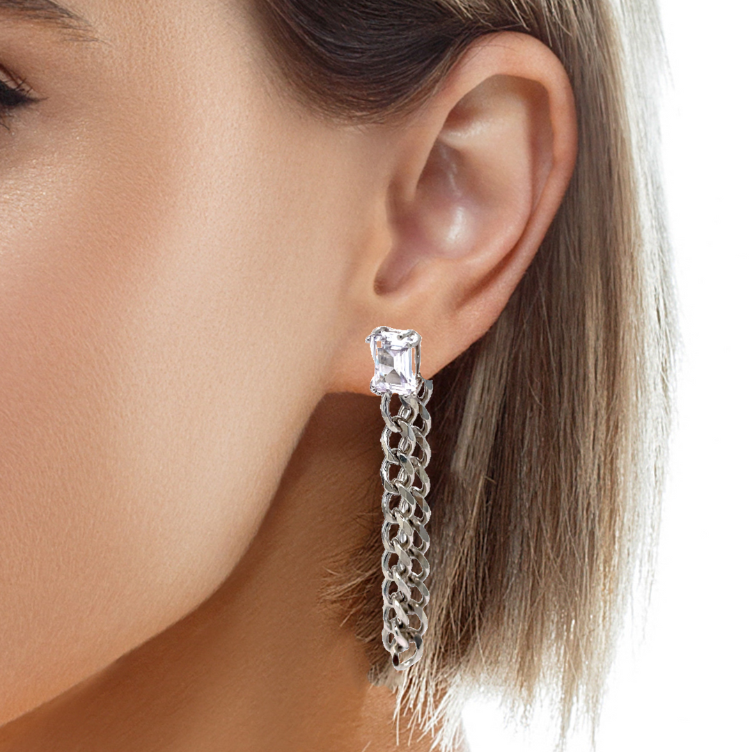 Front Back Chain Earring With Emerald Cut Stone