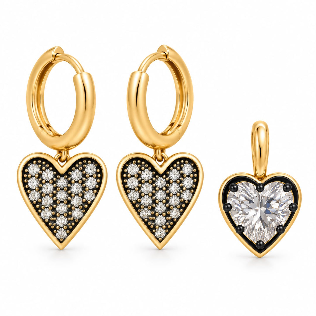 Two Tone Heart Earrings And Charm Set