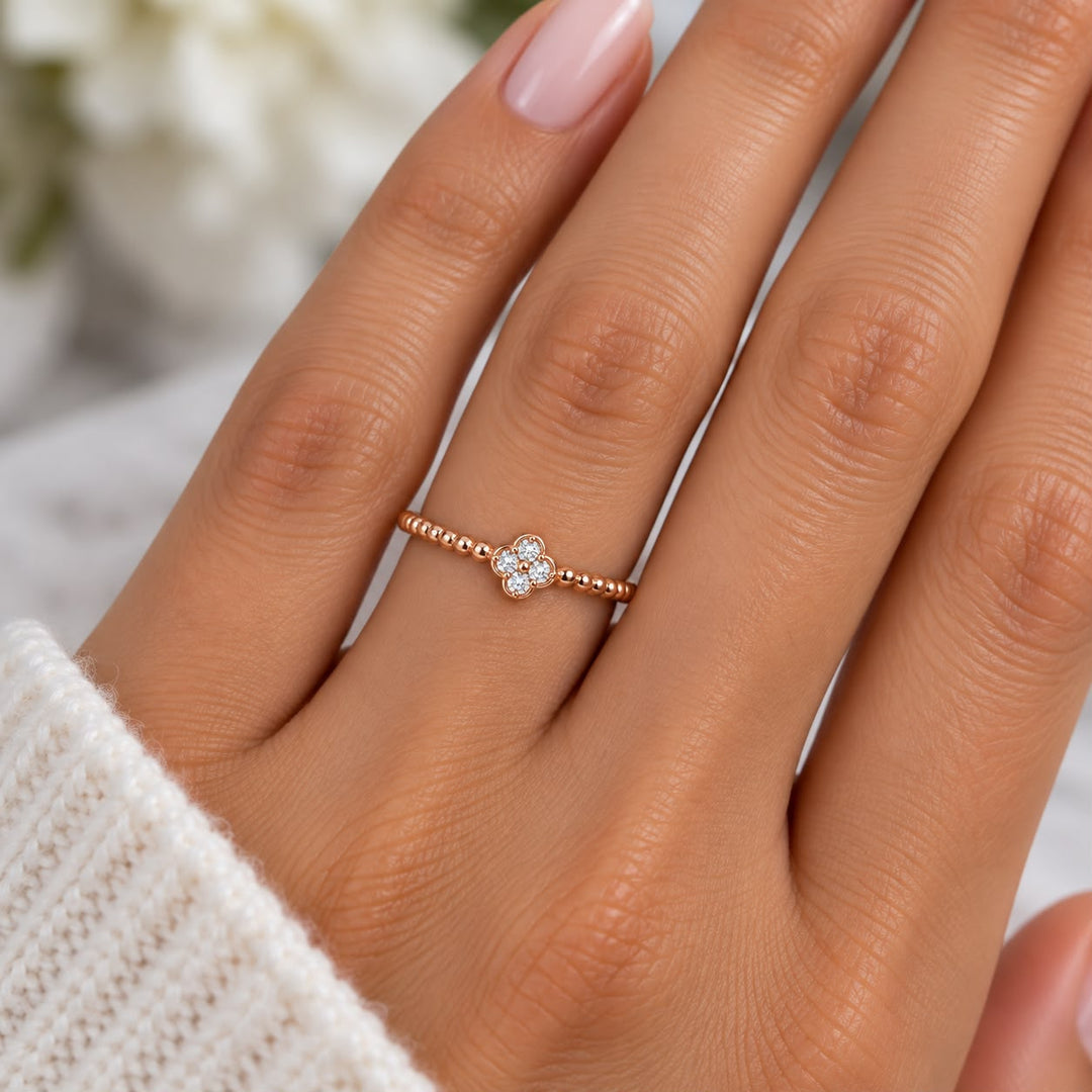 Petite Diamond Four Leaf Beaded Stackable Ring