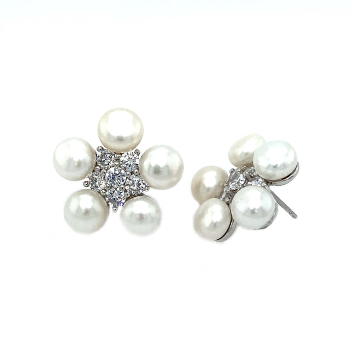 Freshwater Pearl Flower Studs With Cubic Zirconia No