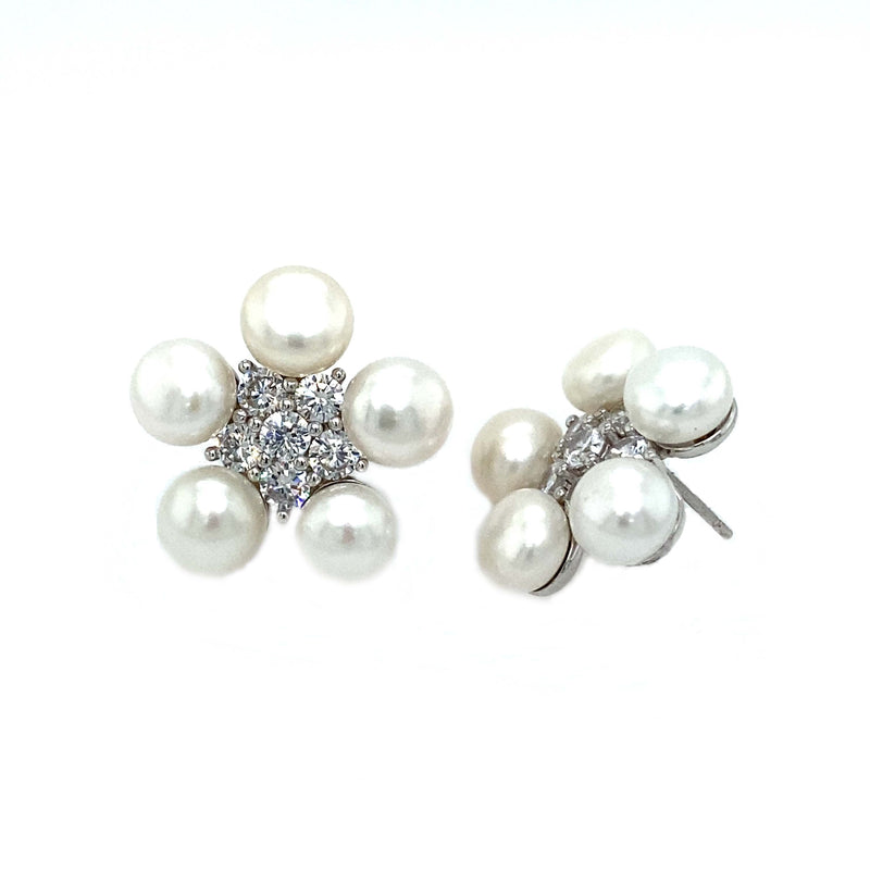 Freshwater Pearl Flower Studs With Cubic Zirconia