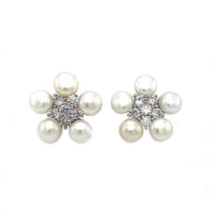 Freshwater Pearl Flower Studs With Cubic Zirconia No