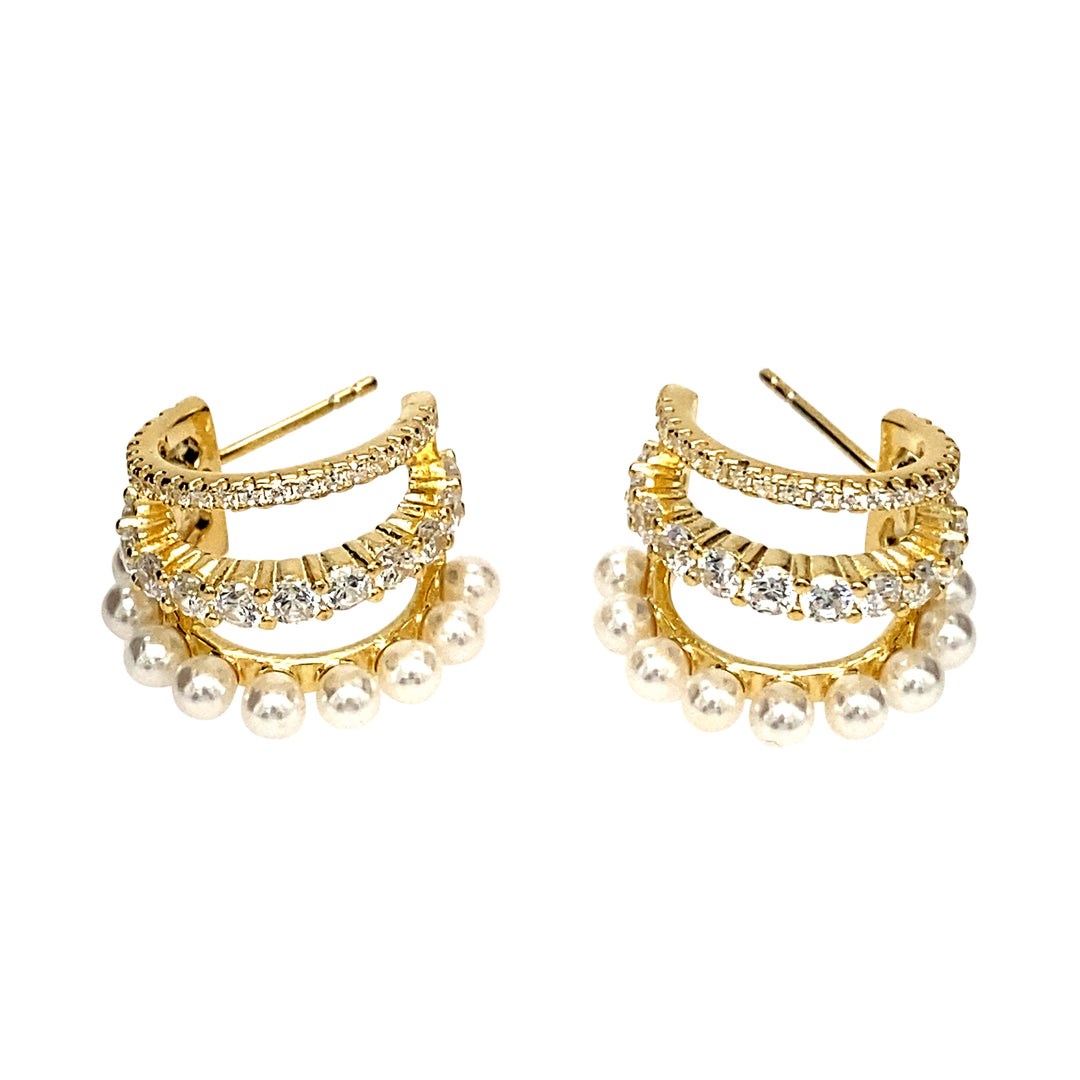 Triple Hoop Earrings With Freshwater Pearls in Gold
