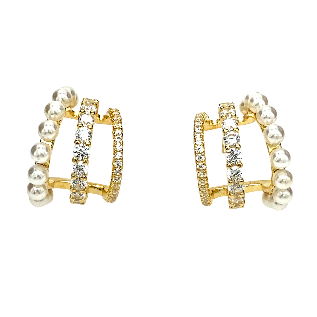 Triple Hoop Earrings With Freshwater Pearls in Gold