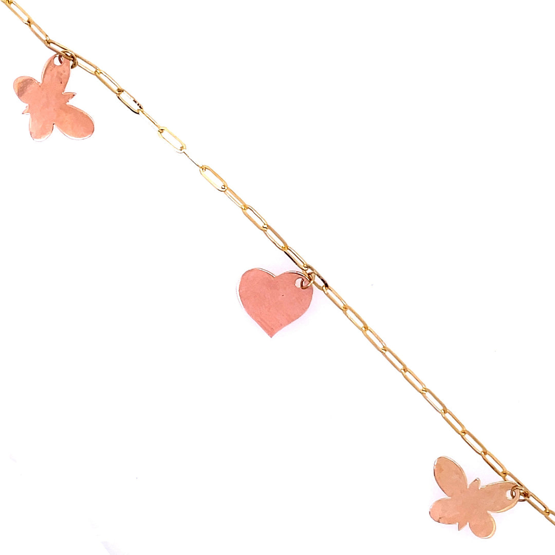 14K Mini Link Butterfly & Heart Charm Bracelet