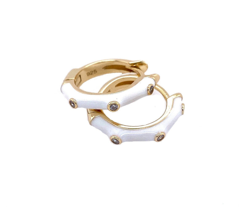 White Enamel Huggies With Bezels