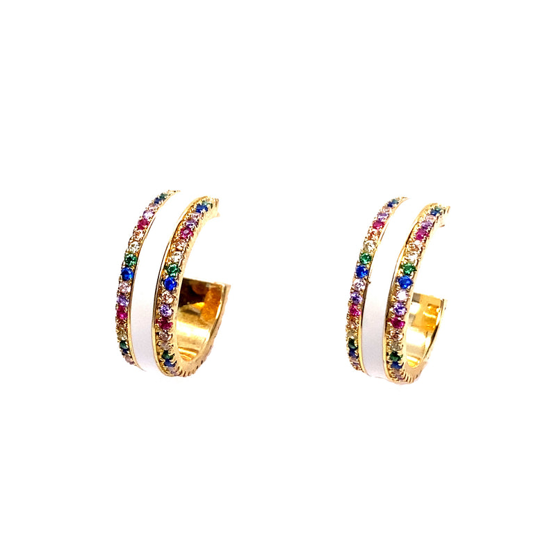 White Enamel Hoops With Rainbow Sparkling Cubic Zirconia
