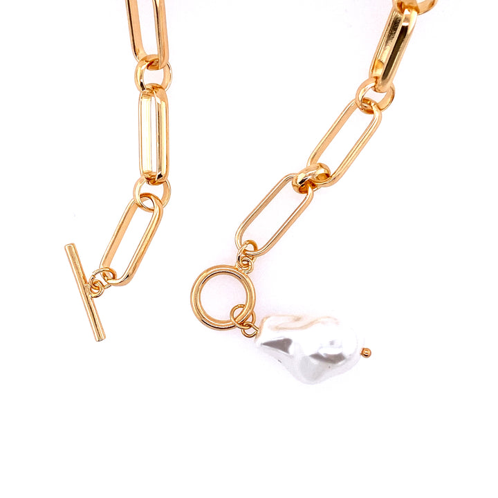 Large Link Toggle Necklace With Pearl Pendant