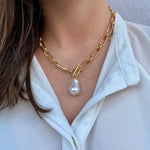 Large Link Toggle Necklace With Pearl Pendant