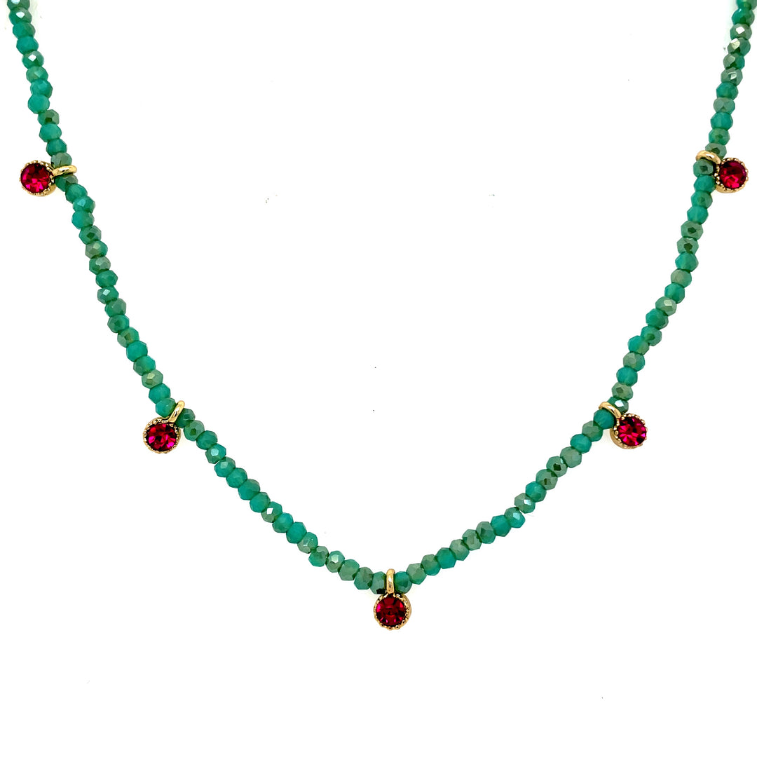 Mint Bead & Ruby Charm Necklace