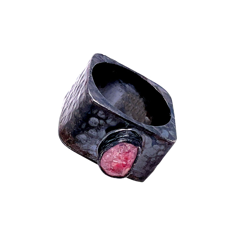 Oxidized Statement Ring With Pale Pink Stone