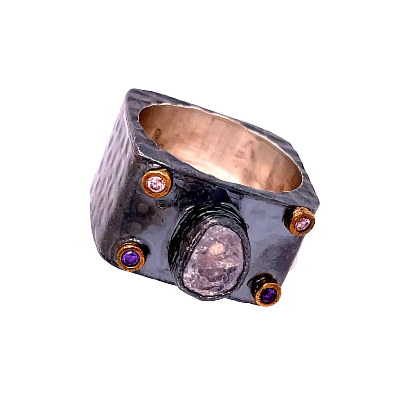 Oxidized Statement Ring With Purple Stone