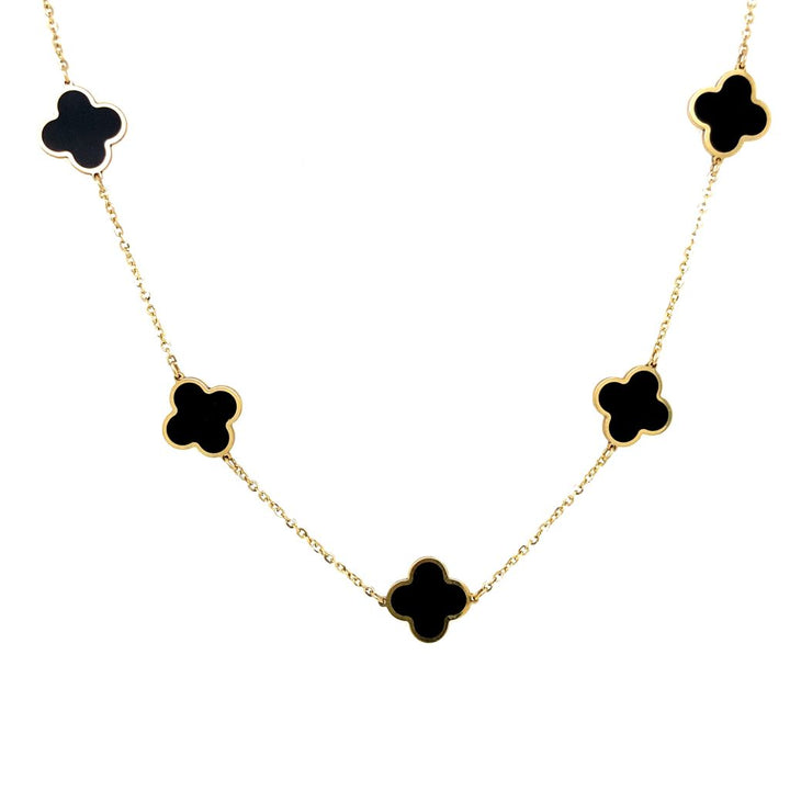 14K Gold Clover Black Onyx Necklace