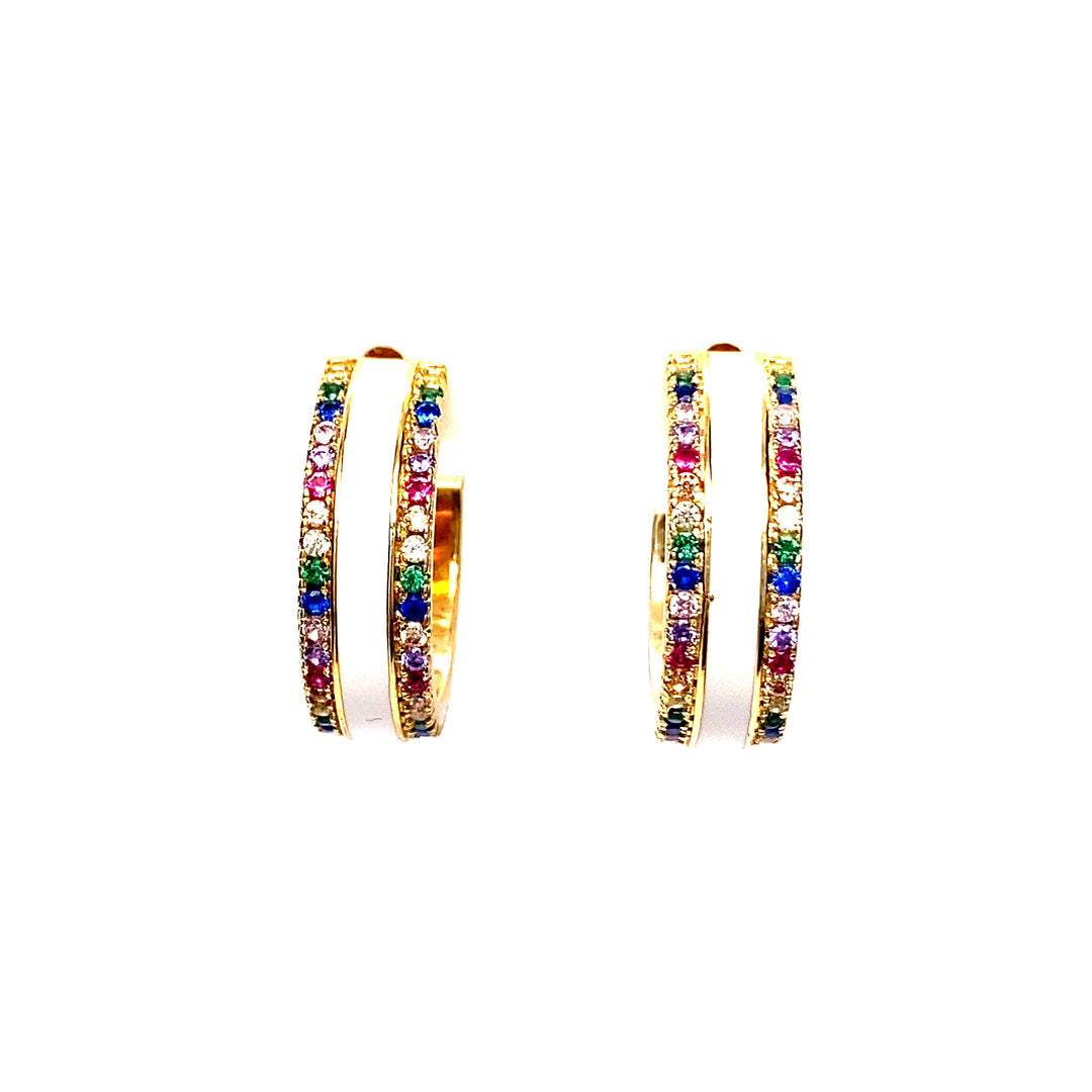 White Enamel Hoops With Rainbow Sparkling Cubic Zirconia