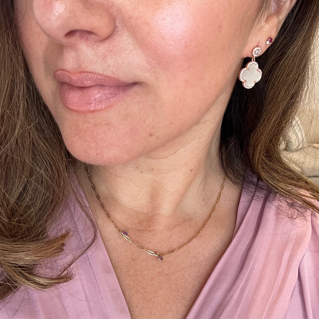 Mother of Pearl Hanging Clover Earrings In Rose Gold