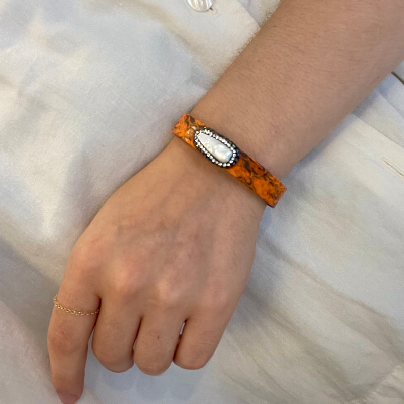 Orange Leather & Swarovski Crystal Cuff
