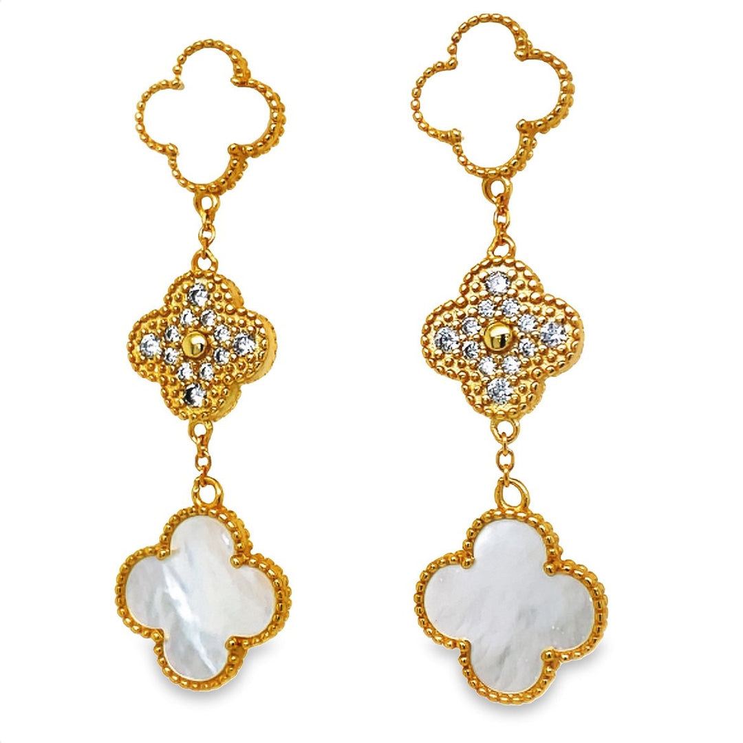 Mother-Of-Pearl Three Clover Drop Earrings With CZ