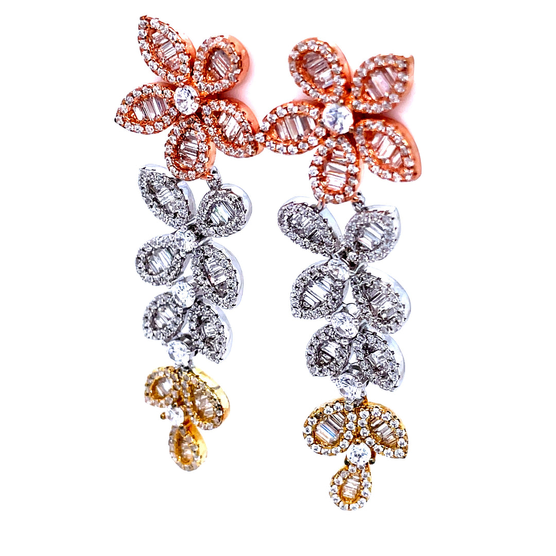 Sparkling Flower Statement Earrings in Tri Color