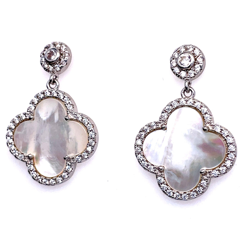 Silver Hanging Mother Of Pearl Clover Earrings