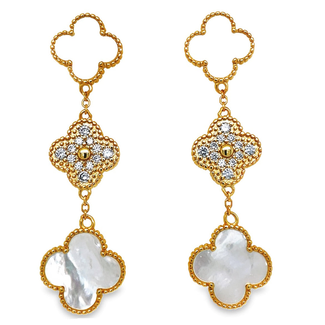 Mother-Of-Pearl Three Clover Drop Earrings With CZ